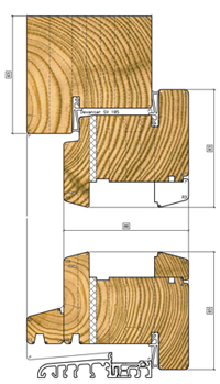 Aufbau und Schnitt einer Massivholztüre mit insgesamt 88 mm und einem UG-Wert von nur 0,5Aufbau und Schnitt einer Massivholztüre mit insgesamt 88 mm und einem UG-Wert von nur 0,5, Foto: Gutmann AG Weissenburg